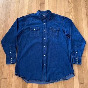 Vintage Wrangler Pearl Snap Denim Shirt 2XL Long Tail Raw Hem